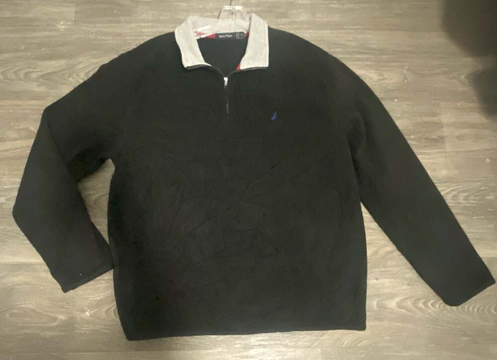 Nautica Men's XL Black Quarter-Zip Fleece Pullover with Grey Contrast Collar